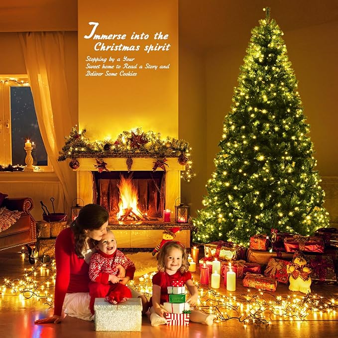 COSTWAY 8 FT Pre-lit Christmas Tree, Artificial Xmas Tree with 750 Warm White & Multicolored Lights, 11 Modes, 2128 Branch Tips, Metal Support, Holiday Decoration Fake Tree for Home, Office, Party