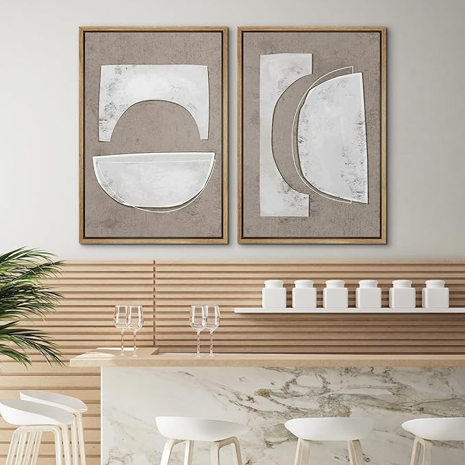 SIGNWIN Framed Canvas Print Wall Art Set Art Deco Grunge White Polygons Abstract Shapes Cozy Neutral Minimal Decorative Nordic Zen Bohemian for Living Room, Bedroom, Office - 16"x24"x2 Natural