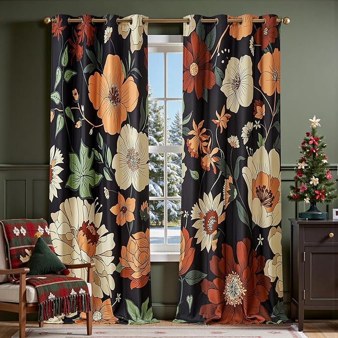 jinchan Lora Floral Curtains for Bedroom Blackout Drapes for Living Room Darkening Fabric Fall Decor Winter Vintage Flower Pattern Printed Window Curtains 96 Inches Length 2 Panels with Grommet Black