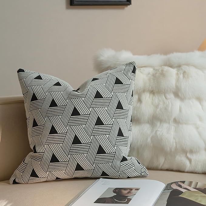 New 18x18'' inches Throw Pillow Cushion Covers - Triangle Black Color Chenille Jacquard Embroidery Luxury Modern Style Couch Sofa Bed Pillow Cover for Living Room Bedroom