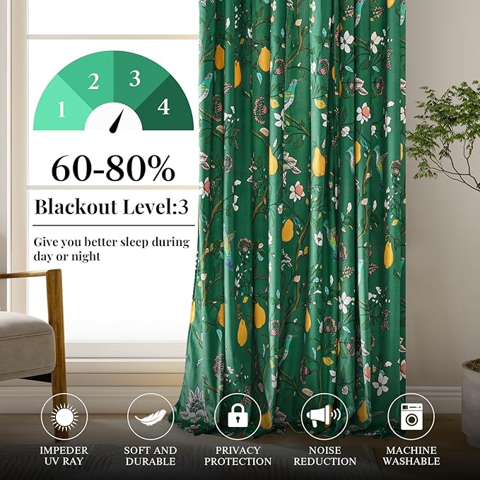 MUSSEL Velvet Whimsical Floral Curtains 72 inches Long,Dark Green Luxury Botanical Room Darkening Curtain Drapes,2 Panels Mid Century Hummingbird Art Deco Window Curtains for Living Room Bedroom