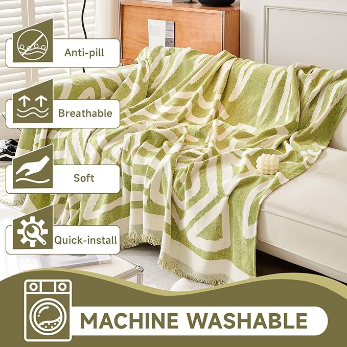 VClife Couch Cover Boho, Green Jacquard Sofa Cover for 3 Cushion Couch Sofa, Anti Slip Dog Sofa Couch Cover Washable Sofa Slipcover L-Shape Sectional Sofa Cover with Tassel, 91"x150"