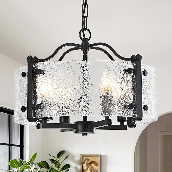 16.1" Black Glass Drum Chandelier - 4-Light Farmhouse Pendant Light Modern Round Ceiling Light Fixture with Adjustable Hanging Chain for Dining Room, Kitchen, Living Room, Foyer, Entryway