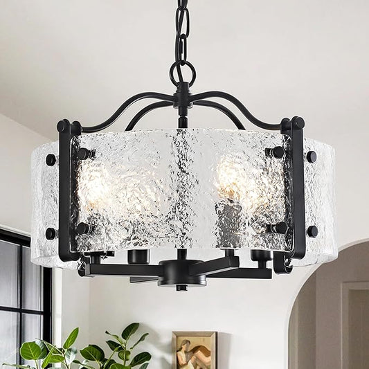 16.1" Black Glass Drum Chandelier - 4-Light Farmhouse Pendant Light Modern Round Ceiling Light Fixture with Adjustable Hanging Chain for Dining Room, Kitchen, Living Room, Foyer, Entryway