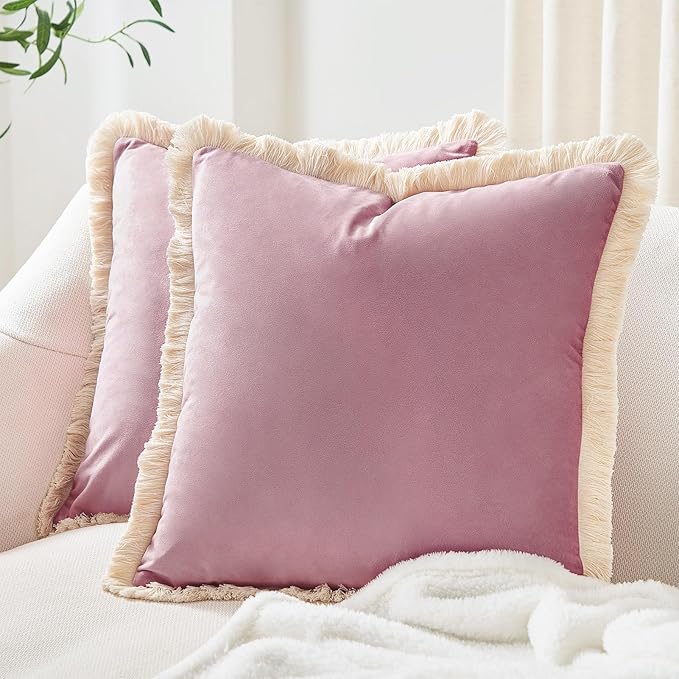 MONDAY MOOSE Decorative Throw Pillow Covers Cushion Cases, Set of 2 Soft Velvet Modern Fringe Tassel Designs, Mix and Match for Home Decor, Pillow Inserts Not Included (Dusty Pink, 18x18 inch)