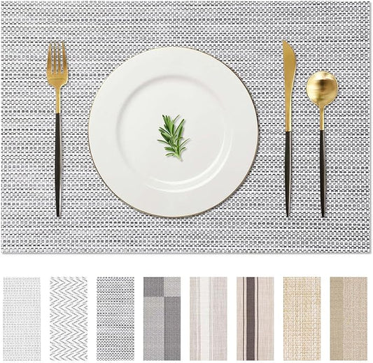 AHHFSMEI Placemats for Dining Table Set of 8 Woven Vinyl Plastic Place Mats Non-Slip Heat Insulation Stain Resistant Table Mats Washable Easy Clean Placemats (White Grey Silver 8)