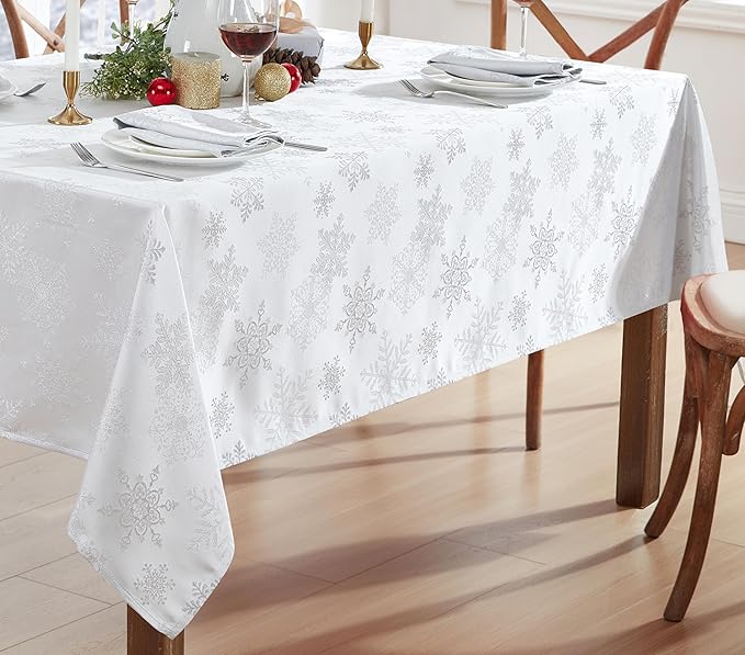 Newbridge Fancy Metallic Snowflake Christmas Fabric Tablecloth, 52 x 52 Inch Square, White Silver, No-Iron Soil Resistant Sparkling Snowflakes Woven Holiday Table Cover