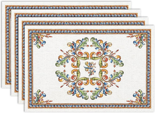 Boho Tiles Placemat Set of 6, 12x18 Inch Rustic Floral Birds Mexican Talavera Ceramic Mexico Tiles Dia De Los Muertos Coffee Vintage Table Mats for Outdoor Kitchen Dining Table Decoration
