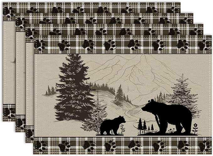 Rustic Bear Placemat Set of 4, 12x18 Inch Retro Farmhosue Green Buffalo Plaid Wildlife Wooden Forest Tree Cabin Country Lodge Coffee Table Mats for Outdoor Kitchen Dining Table Decoration