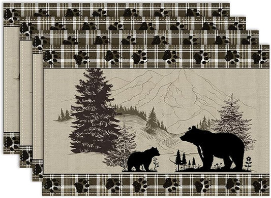 Rustic Bear Placemat Set of 4, 12x18 Inch Retro Farmhosue Green Buffalo Plaid Wildlife Wooden Forest Tree Cabin Country Lodge Coffee Table Mats for Outdoor Kitchen Dining Table Decoration