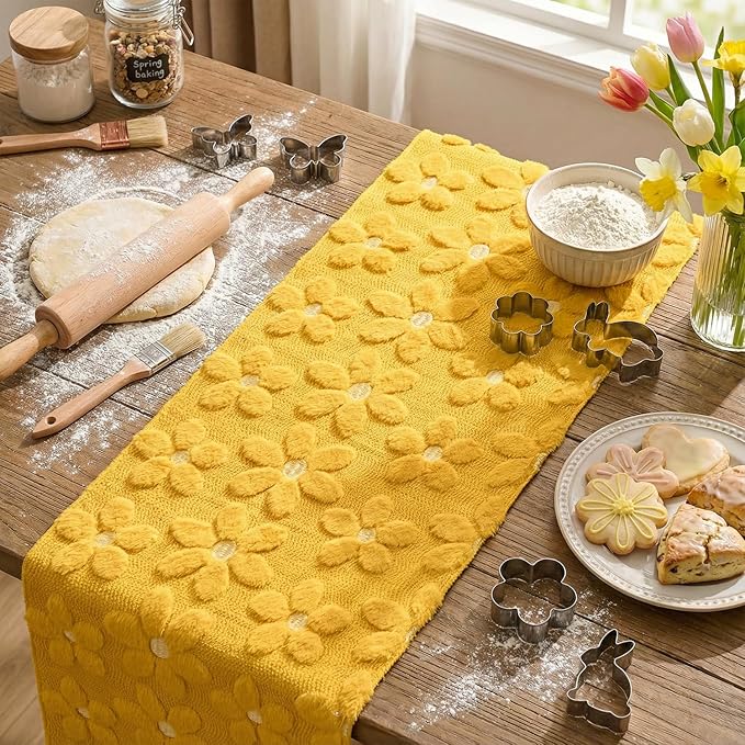 Artoid Mode Yellow Soft Plush Faux Fur Jacquard Embroidery Daisy Spring Table Runner, Kitchen Dining Table Decoration for Home Party Decor 13x120 Inch