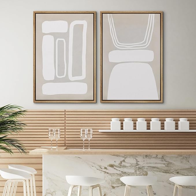 SIGNWIN Framed Canvas Print Wall Art Set Retro 1960s Geometric Figure Collage Abstract Shape Cozy Neutral Modern Art Decorative Nordic Multicolor for Living Room, Bedroom, Office - 16"x24"x2 Natural