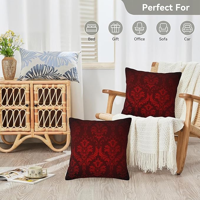 Vintage Damask Floral Pillow Covers 18X18 Set of 2, Luxuxy Dark Red Flowers Decorative Throw Pillow Covers, Pillowcase Cushion Case for Home Sofa Couch Indoor Outdoor Decorations