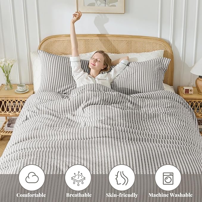 MILDLY Jacquard Stripe Duvet Cover - 100% Washed Cotton Boho Textured Comforter Cover 3pcs with Zipper Closure 90"x90"