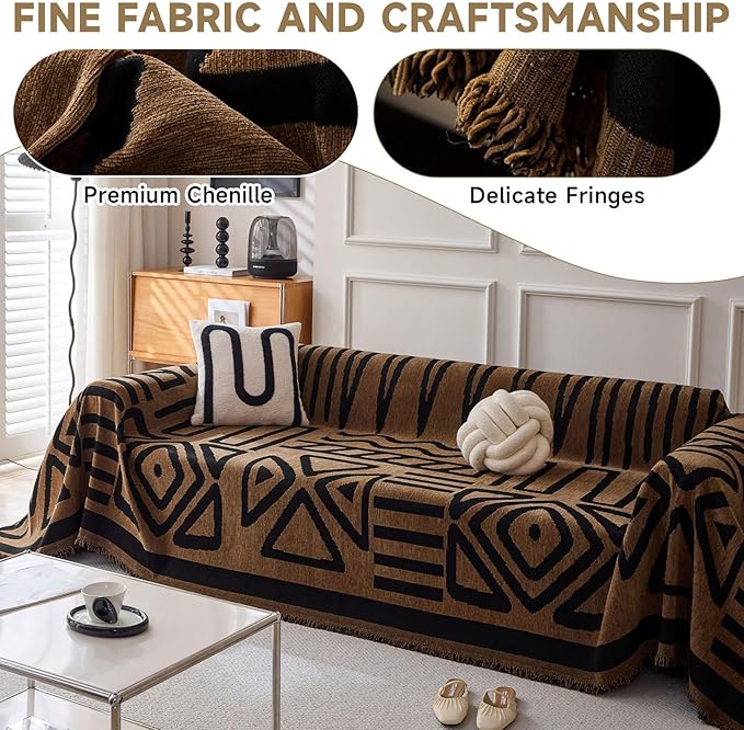 VClife Boho Couch Cover Thick Soft Chenille Sofa Covers for Sectional Couch, Bohemian Pumpkin Couch Covers for 3 Cushion Couch Sofa Washable Multi-Functional Furniture Protector, 71''x150''