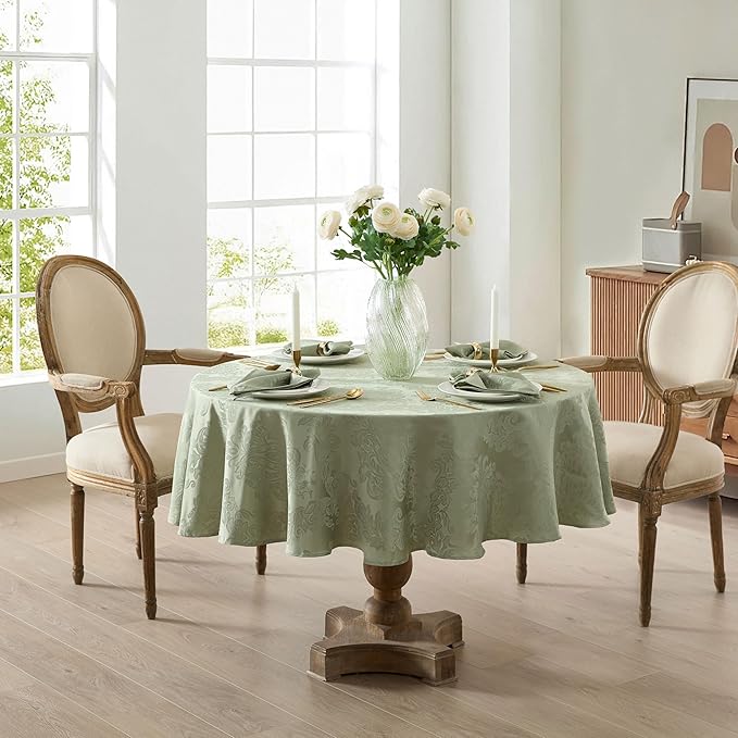 Newbridge Barcelona Damask Fabric Tablecloth, 70 Inch Round, Sage Green – No Iron, Soil Resistant Table Cover for Dining, Parties and Holidays