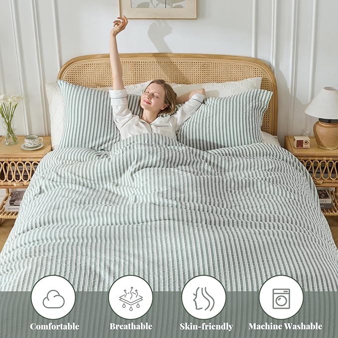 MILDLY Jacquard Stripe Duvet Cover - Sage Green 100% Washed Cotton Boho Textured Comforter Cover 3pcs with Zipper Closure 104"x90"