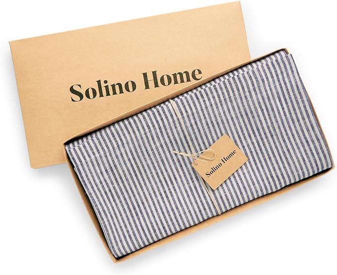 Solino Home Linen Tablecloth 60 x 90 Inch - Narrow Stripe 100% Pure Linen Navy and White Table Cloth for Rectangle Tables - Machine Washable Tablecloth for Autumn, Thanksgiving, Christmas, Winter
