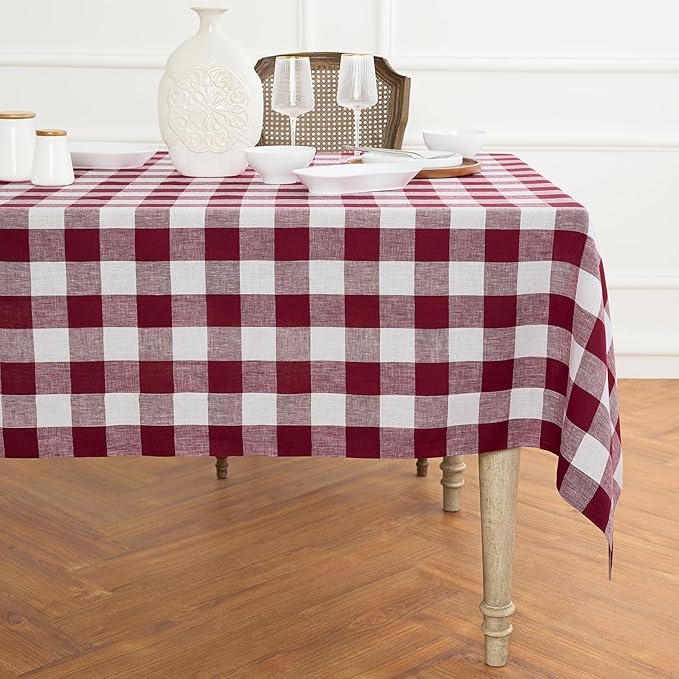 Solino Home Checkered Tablecloth 60 x 108 Inch - 100% Pure Linen Burgundy and White Buffalo Plaid Table Cloth for Rectangle Tables - Machine Washable Tablecloth for Fall, Autumn, Thanksgiving