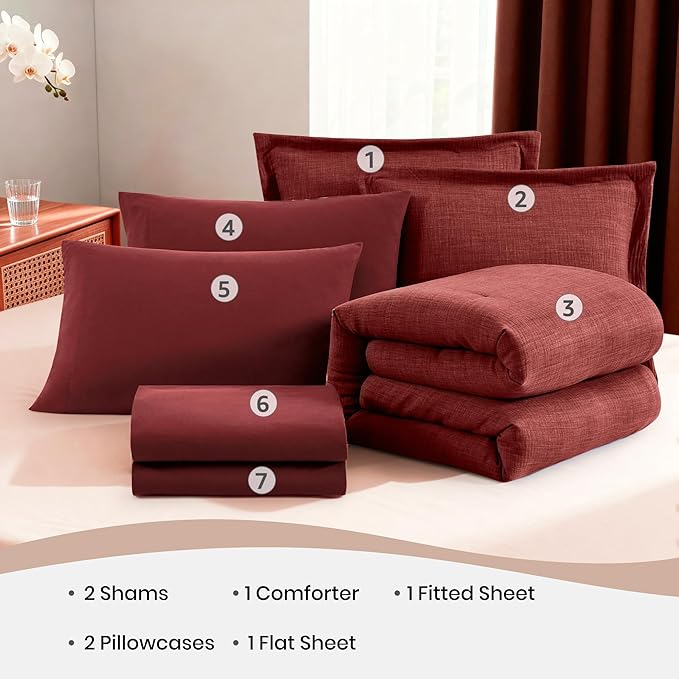Geniospin Full Comforter Set - 7 Pieces Comforter Full Size, Solid Bedding Set for All Season, Dark Red Textured Bed in a Bag with Sheets