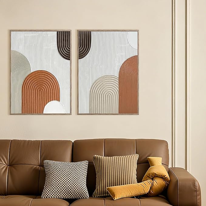 Set of 2 Textured Abstract Line Art Prints – Modern Minimalist Geometric Wall Art in Beige, Brown & Cream Tones, Framed Contemporary Canvas Décor for Living Room, Bedroom, or Office