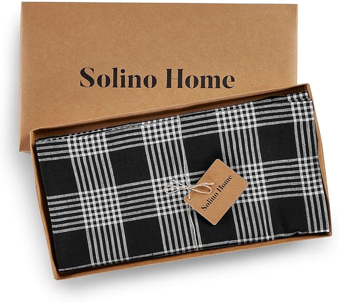 Solino Home Linen Plaid Tablecloth 52 x 52 Inch - 100% Pure Linen Glen Check Black and White Table Throw - Machine Washable Square Table Cloth for Fall, Autumn, Winter, Thanksgiving, Holiday