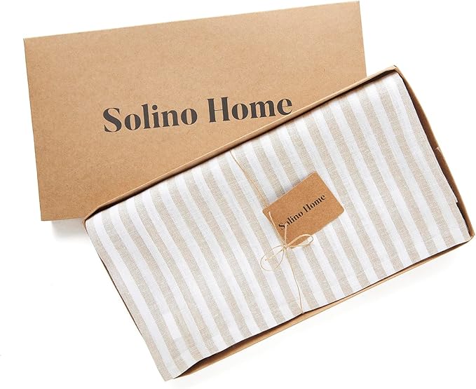 Solino Home Linen Tablecloth 60 x 108 Inch - Amalfi Stripe 100% Pure Linen Natural and White Table Cloth for Rectangle Tables - Machine Washable Tablecloth for Fall, Thanksgiving, Christmas, Holiday