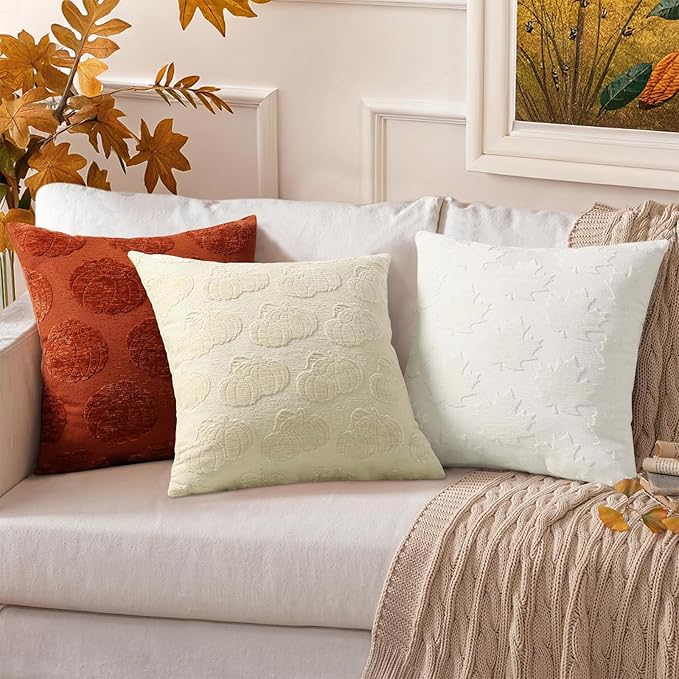 decorUhome Decorative Cream White Maple Leaf Thanksgiving Throw Pillow Covers 12x20 Set of 2, Soft Chenille Jacquard Farmhouse Textured Pillow Covers for Couch Sofa Autumn Harvest Halloween Holiday