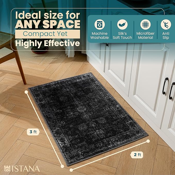 Istana 2x3 Area Rug - Black Boho Rugs for Living Room 2x3 - Foldable Small Rugs for Bedroom - Stain Resistant Washable Rug Non Slip - Eco-Friendly Area Rugs Indoor