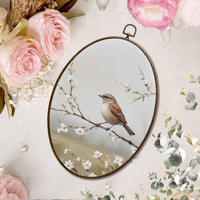 JQF Bird Oval Wall Decor, Farmhouse Rustic Sparrow Floral Oval Canvas Wall Art, Cottagecore Bird on Floral Branch Framed Prints Hanging Decor for Home Bedroom Living Room, 8.5x11.5 Inch