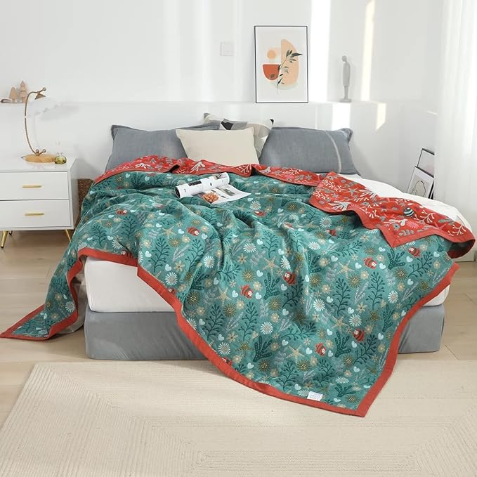Boho Throw Blanket for Bed 100% Cotton Ultra Soft Rustic Quilt Fall Blanket Floral Printed Farmhouse Decor Bed Blankets,60"×80" All Season Rustic Throw for Sofa Couch Chair