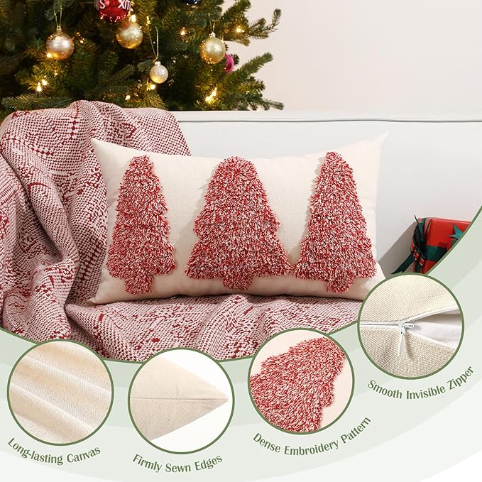 Lewondr Christmas Throw Pillow Covers, 2 Pack Christmas Tree Embroidery Decorative Throw Pillow Case Sofa Cushion Cover for Party Thanksgiving Day Xmas Decor 12"x20"(30x50cm), Beige