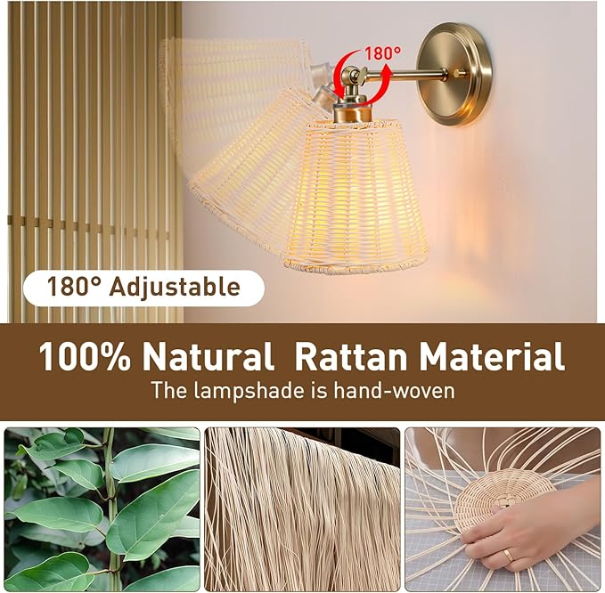 Rattan Wall Sconce Plug in, Hand-Woven Wicker Lampshade Wall Sconces Set of Two, Indoor Wall Lamp, Boho Sconces Set for Bedroom Living Room Corridor Plug-in or Hardwired