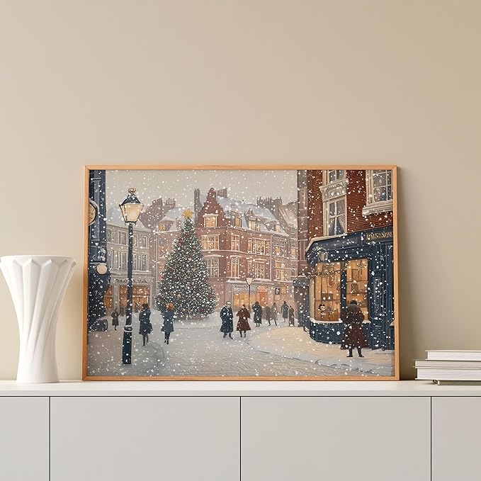 OZCONO Vintage Christmas Town Artwork for Holiday Home Decor, Snowy Winter Street Scene Wall Art, Classic Christmas Village Painting, Cozy Seasonal Winter Decoration (Unframed) (12x18)