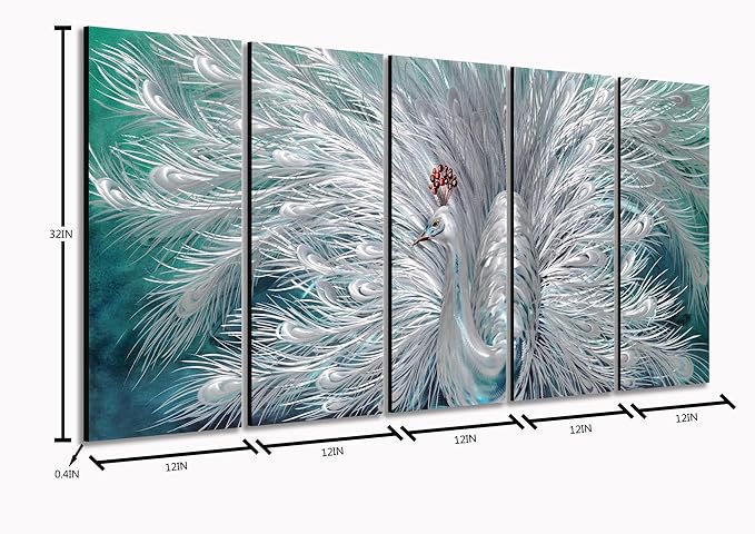 Yihui Arts Peacock Metal Wall Art, Teal and Silver Aluminum Artwork, Modern Sculpture for Living Room Bedroom Bathroom Decor