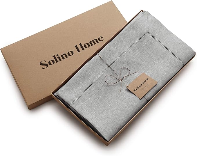 Solino Home Linen Tablecloth 60 x 108 Inch - Classic Hemstitch 100% Pure Linen Soft Grey Table Cloth for Rectangle Tables - Machine Washable Tablecloth for Autumn, Thanksgiving, Christmas, Winter