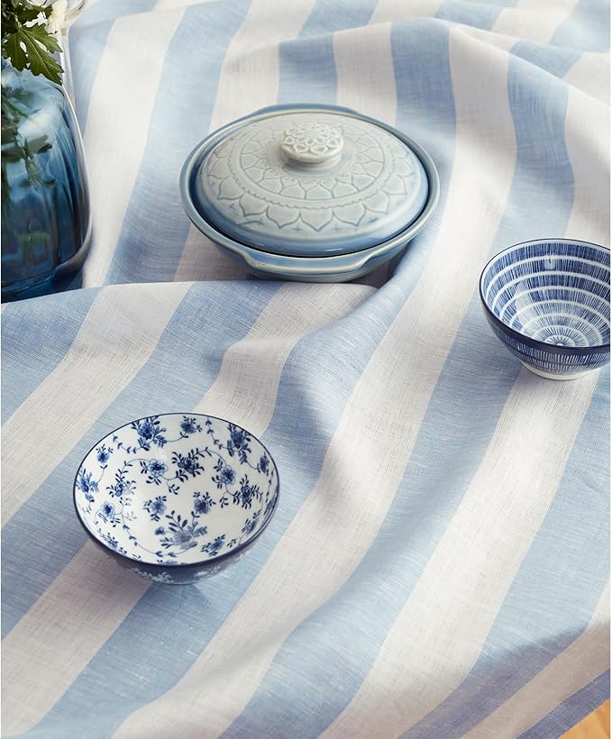 Solino Home Linen Square Tablecloth 52 x 52 Inch - Cabana Stripe, 100% Pure Linen Sky Blue and White Table Throw - Machine Washable Tablecloth for Christmas