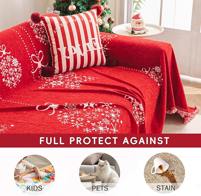hyha Couch Cover for Dogs, Boho Sofa Covers for 3 Cushion Couch Washable, Chenille Sofa Slipcover for Pets, Soft Loveseat Sectional Couch Throw Blankets with Tassels (Red Snowflakes, 88.5x150 Inch)