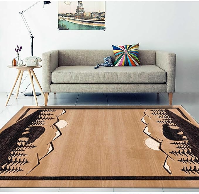 Brown Rustic Cabin Area Rug, 4x5ft, Vintage Simple Wildlife Bear Plant Rugs, Country Style Lodge Large Floor Carpets Doormat Non Slip Washable Indoor Area Rugs for Bedroom Kids Room