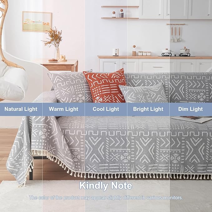 VClife Boho Couch Cover for 3 Cushion Couch Sofa Durable Soft Chenille Sofa Slipcover for Sectional Sofa, 1 PC Multi-Functional Sofa Covers Protector, Gray and White Furniture Protector 71" x 134"