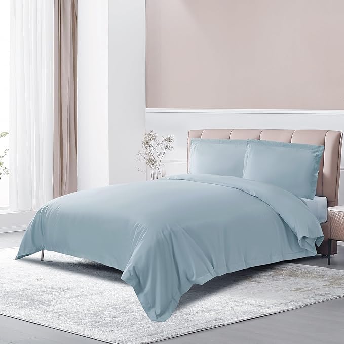 THE COTTON & SILK® 100% Luxury Long-Staple Cotton Duvet Cover - Soft & Breathable - Include 1 Duvet Cover with Corner Ties & Hidden Zipper - Misty Blue, Twin Size