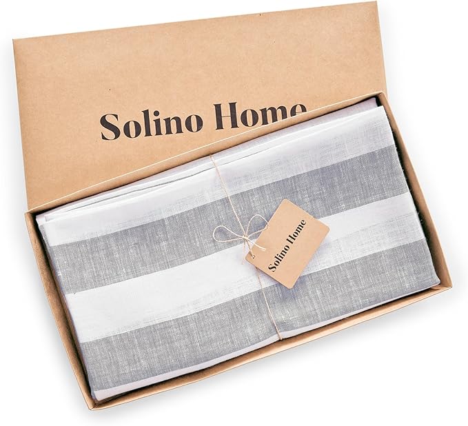 Solino Home Linen 60 Inch Round Tablecloth - Cabana Stripe, 100% Pure Linen Grey and White Round Tablecloth - Machine Washable Table Cloth for Fall, Autumn, Thanksgiving, Winter