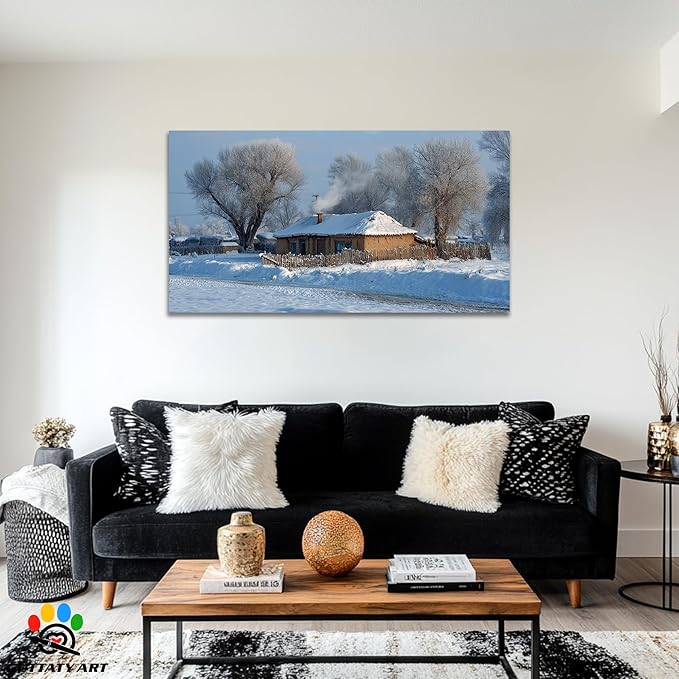 GUTTATY Christmas Winter Scene Canvas Wall Art, Cozy Snow-Covered House Canvas Prints, Peaceful Rural Snow Scene Wall Decor, Winter Pictures Posters for Living Room, Holiday Gift, 32x16 Inch