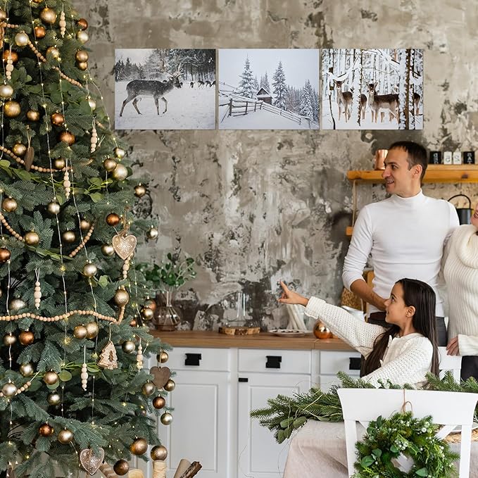 Watersay 8x10in 12pcs Winter Wall Decor Prints Christmas prints unframed Poster Art Cozy Snow Forest Frost Pictures Poster Xmas Tree Deer Mountain House Photo for Gallery Wall Home Nordic Decor