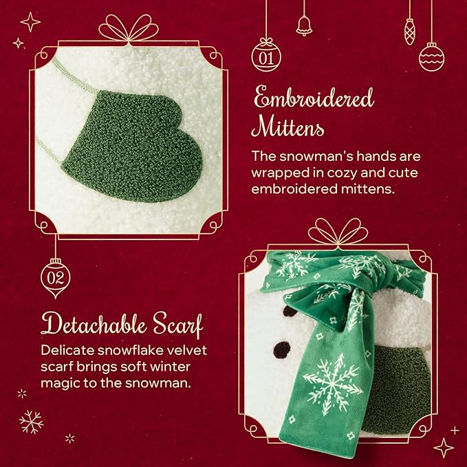 Phantoscope Merry Christmas Shaped Throw Pillow, Plush Teddy Sherpa Snowman Pillow with Scarf & Hat, Xmas Snowman Decorative Pillow for Couch Living Room Bed, Green, 16.5 x 10.5 inches