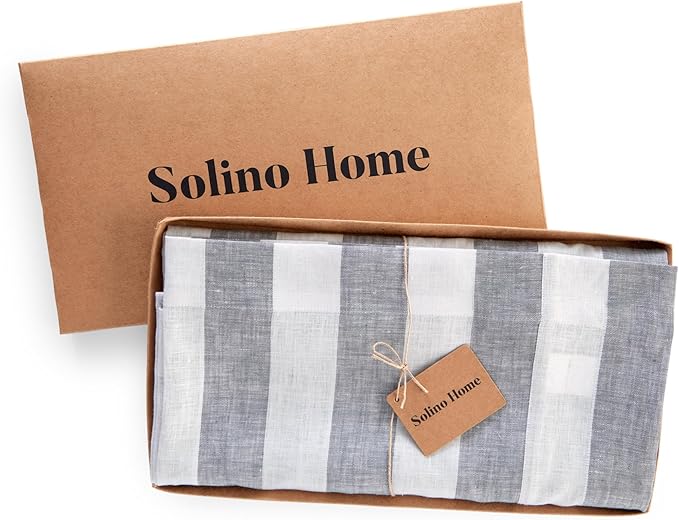 Solino Home Linen Tablecloth 60 x 120 Inch - Cabana Stripe 100% Pure Linen Grey and White Table Cloth for Rectangle Tables - Machine Washable Tablecloth for Fall, Autumn, Thanksgiving, Christmas