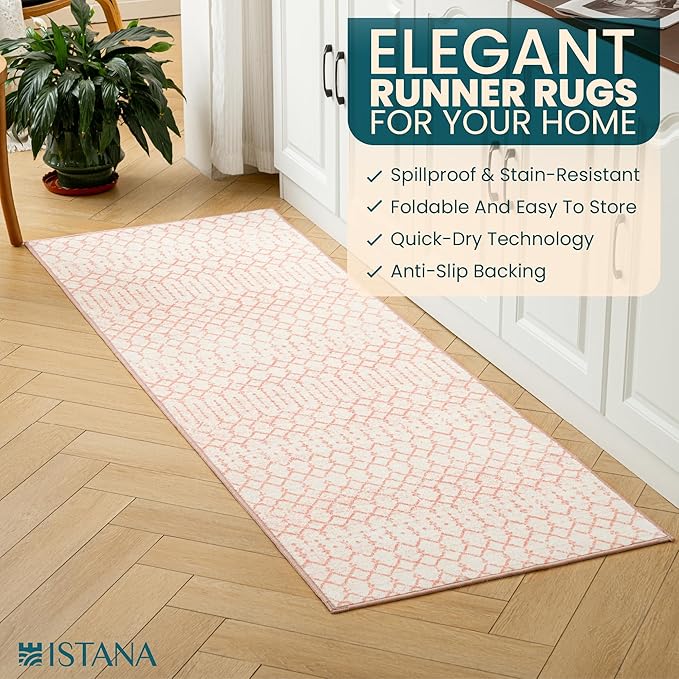 Istana Hallway Runner Rug 2x6 - Pink Kitchen Rugs Non Slip Washable -Silk's Soft Touch Carpet Runner - Stylish Rug Runner for Home