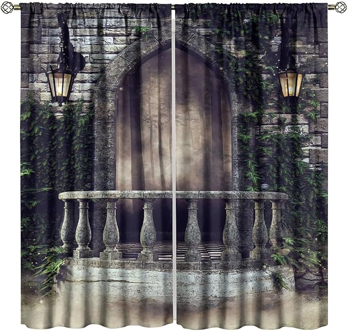 Retro Gothic Castle Arch Blackout Curtains, Mid Century European Art Aesthetics Forest Window Drapes, for Living Room Bedroom 26(W)*84(L) 2 Panels