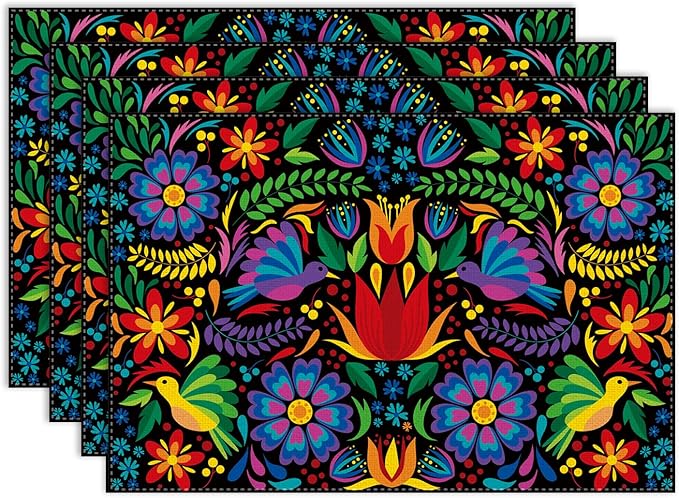Mexican Flroal Birds Placemat Set of 4, 12x18 Inch Black Colorful Mexico Floral Fiesta Birds Talavera Dia De Los Muertos Day of The Dead Coffee Table Mats for Outdoor Kitchen Dining Table Decoration