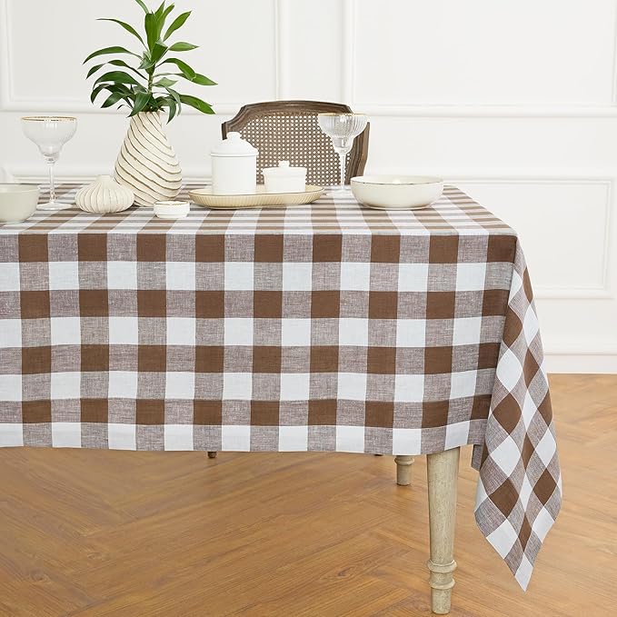 Solino Home Checkered Tablecloth 60 x 90 Inch - 100% Pure Linen Coco Brown and White Buffalo Plaid Table Cloth for Rectangle Tables - Machine Washable Tablecloth for Fall, Autumn, Thanksgiving